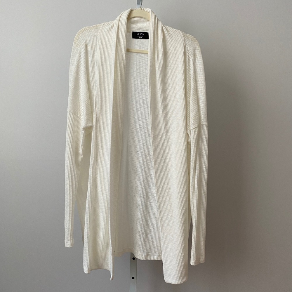 REVIR Rayon Blend Boho Relaxed Clean Coastal Dainty Ribbed Cardigan S/M White